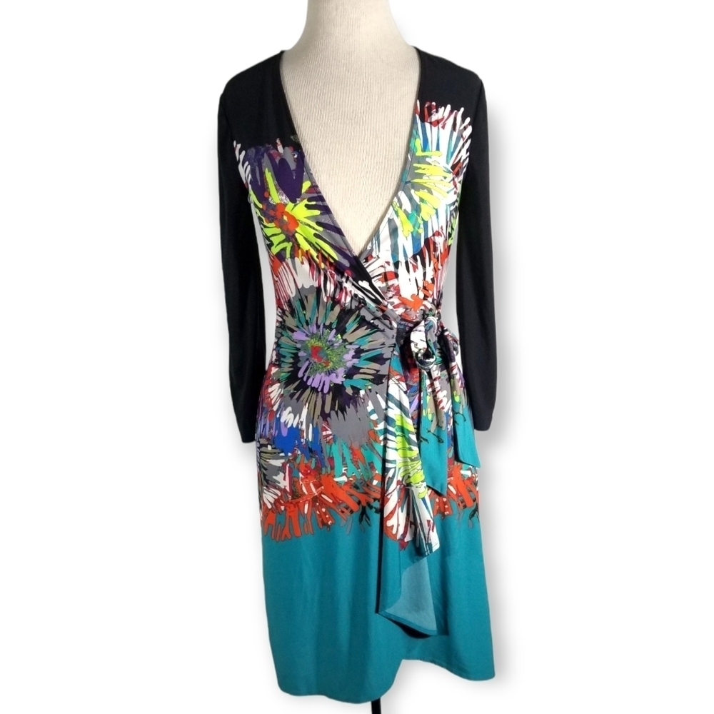 BCBGMaxAzria Bright Dopamine Printed Full Wrap Dress Size Extra Small